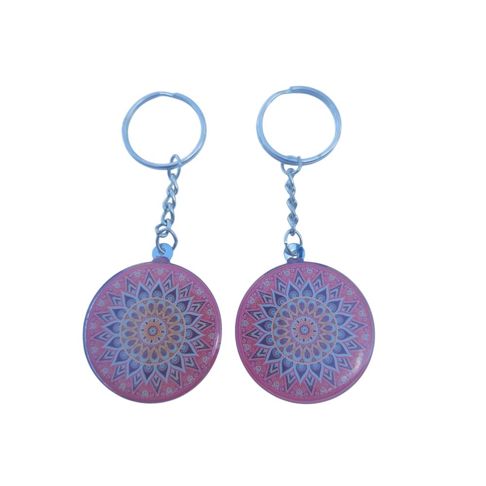 Lot 2 Pink Mandala Keychains Boho Henna Floral Geometric Metal Purse Bag Charms